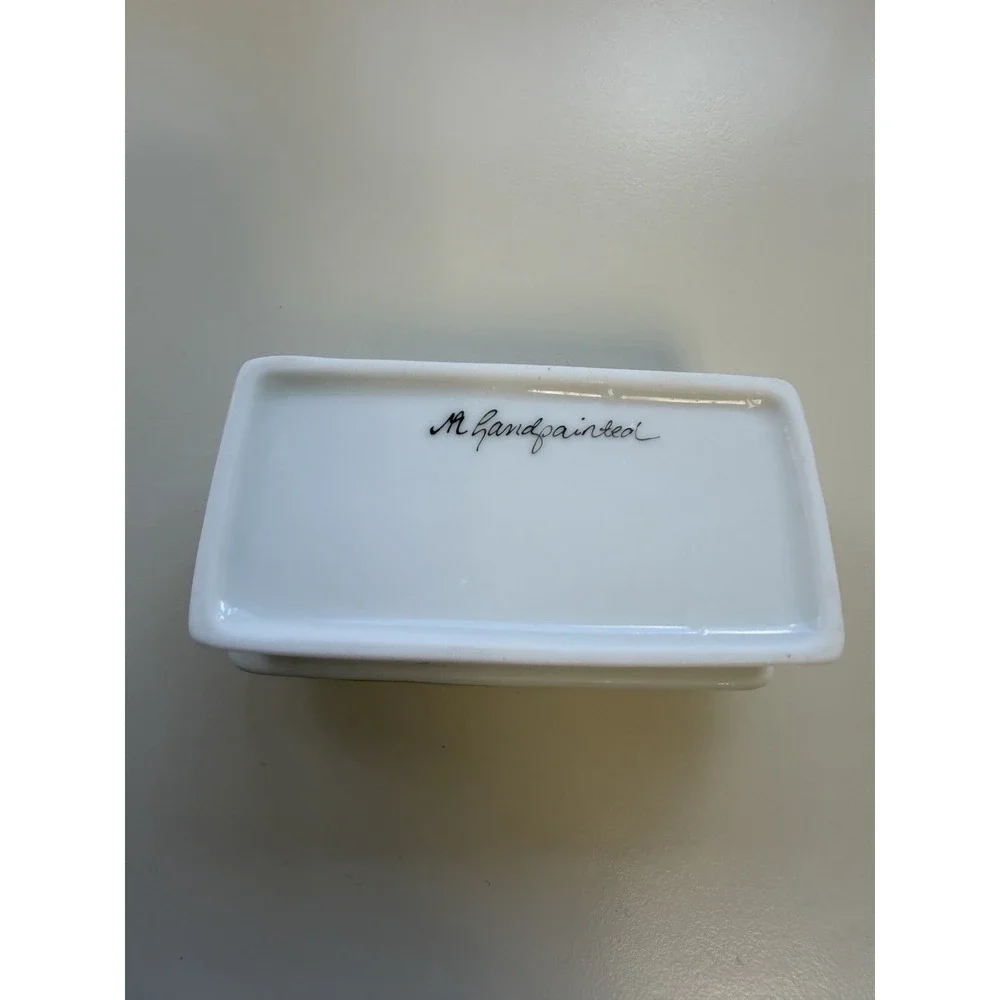 Porcelain White Trinket Jewelry Mini Box Floral Butterfly Coquette Hand Painted